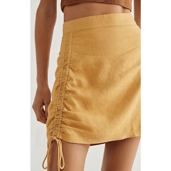 Free People Dresses & Skirts - Free People Tori Side Ruched Mini Skirt Mustard Yellow Linen Blend Small NWOT